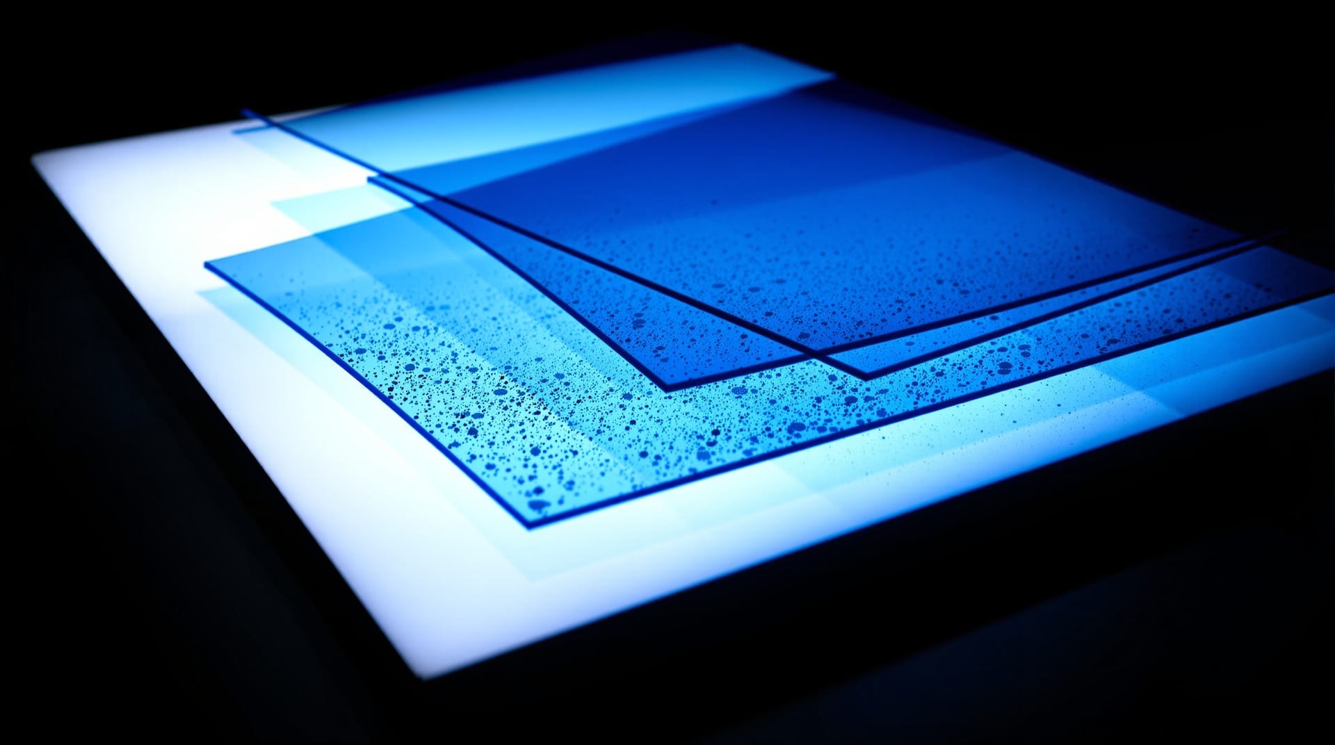 Backlit light box with three offset translucent overlay sheets, the top one blue