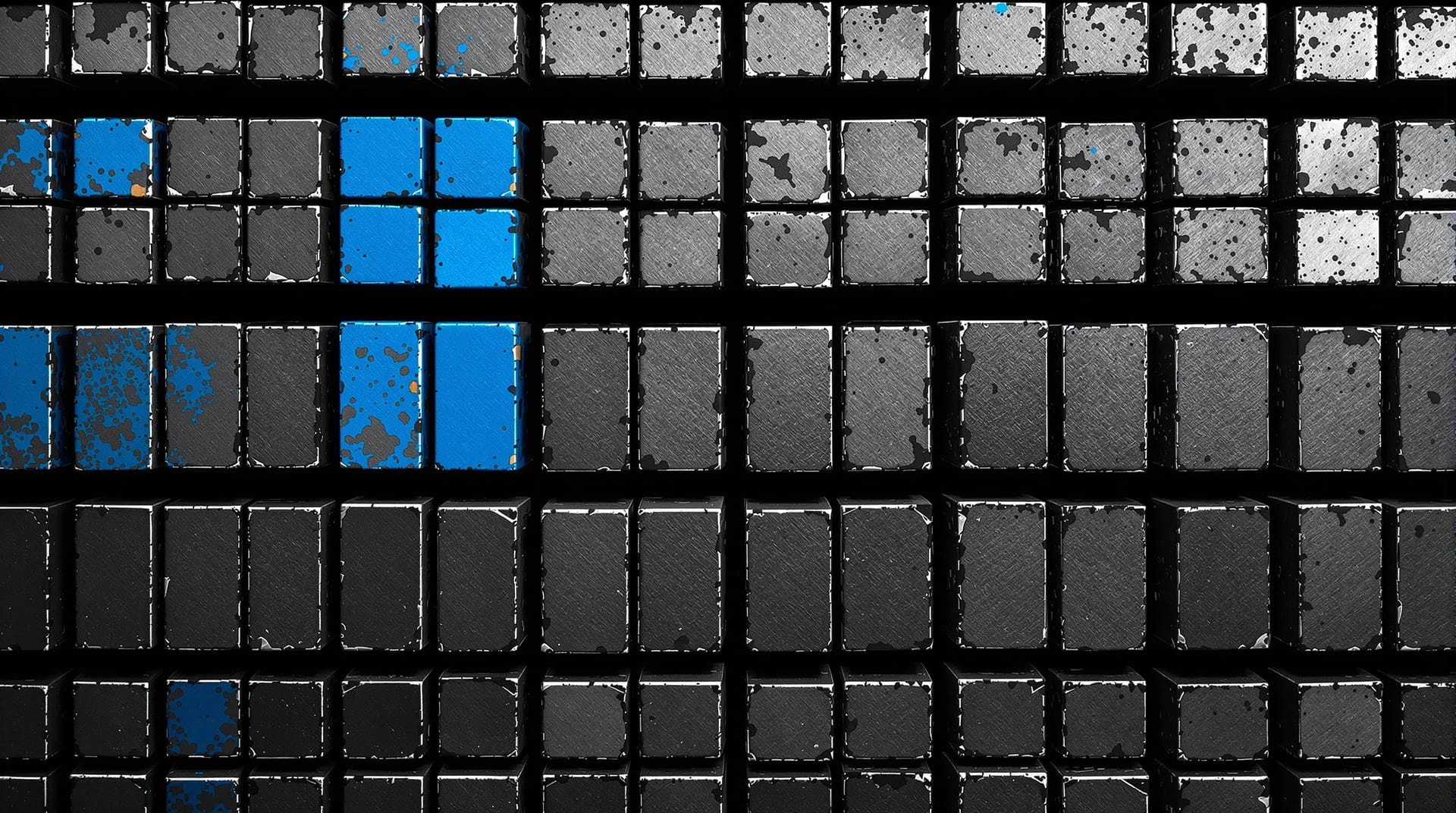 Overhead macro of a grid of metal type sorts with one row painted blue