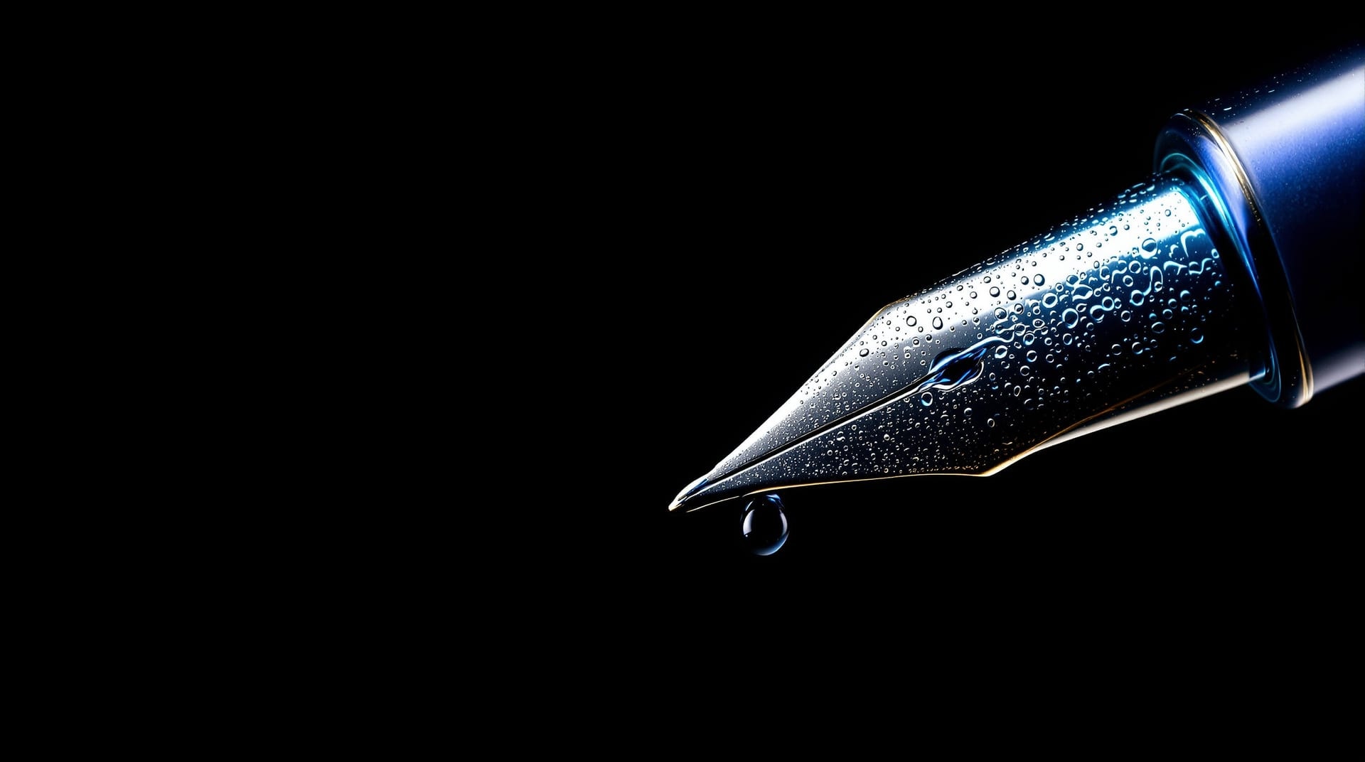 Macro of a split steel pen nib loaded with wet black ink under blue rim light