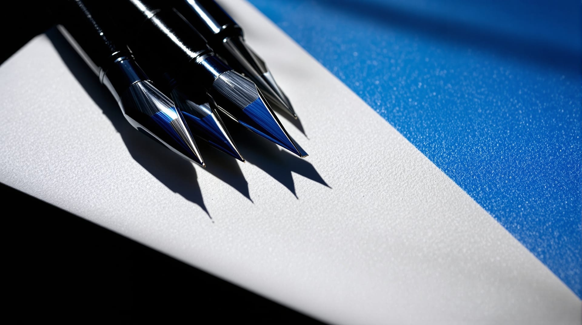Steel calligraphy nibs and a brush laid across bristol board beside a blue card block
