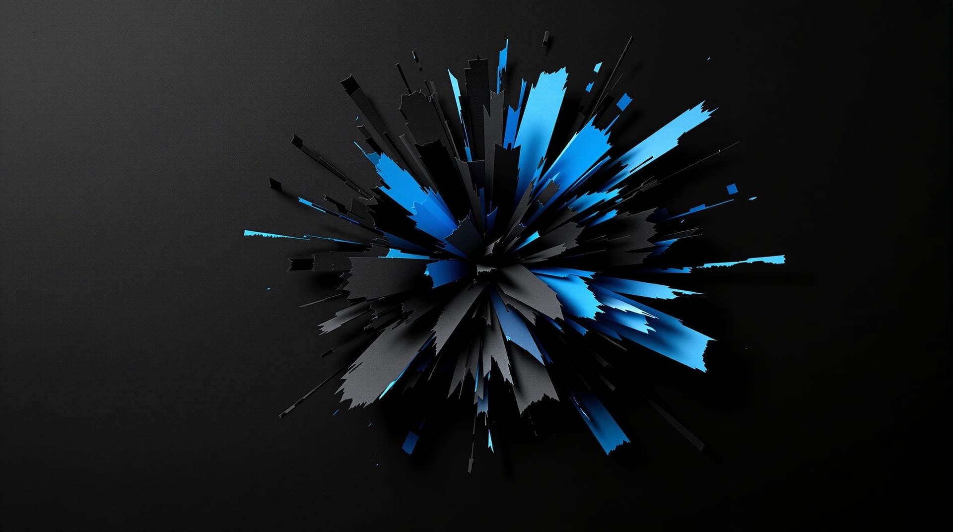Angular shards of black and blue card bursting outward across a black field