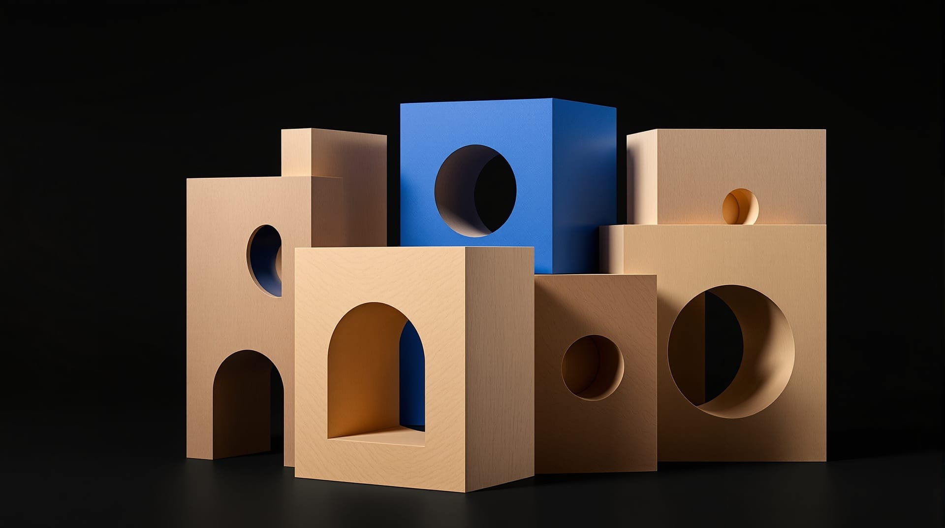 Upright wooden blocks with cut-out negative spaces, one painted blue, on black